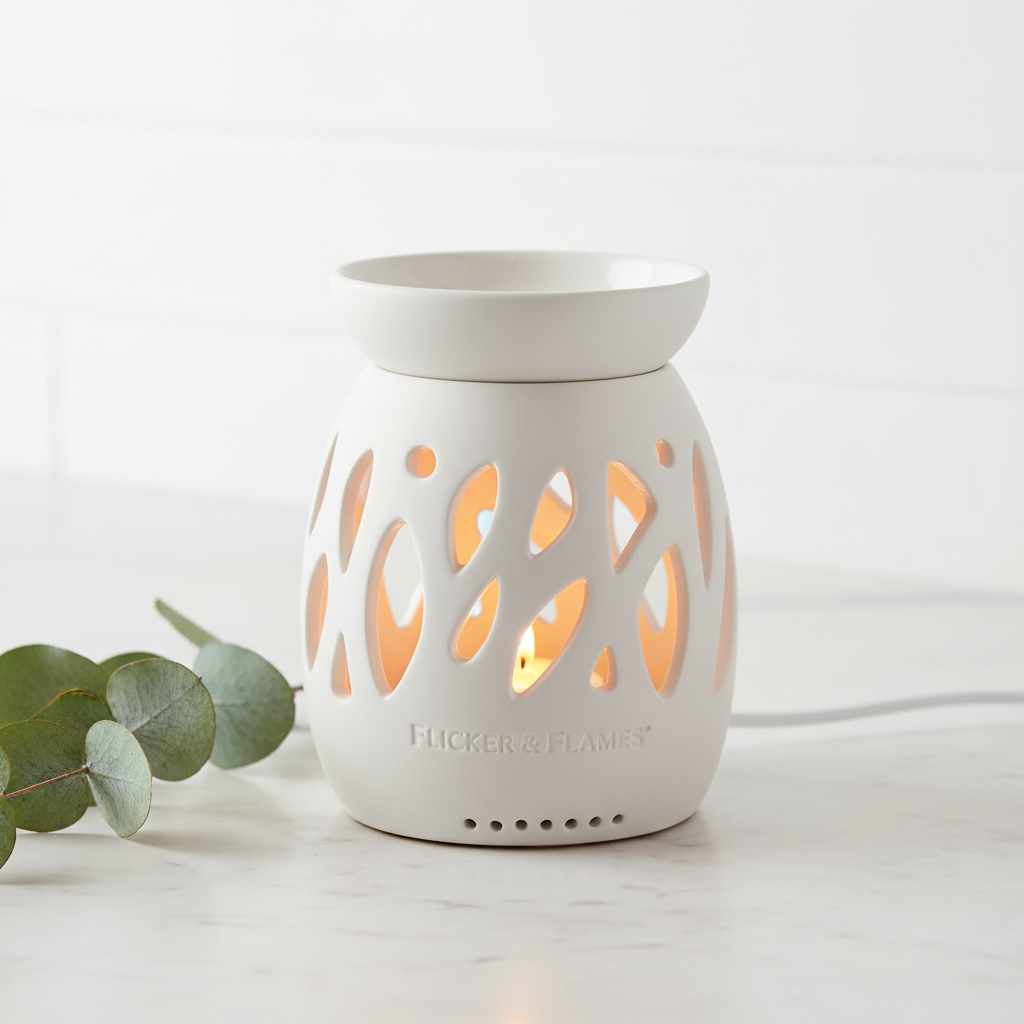 Ceramic wax warmer with soft warm glow on a marble surface with eucalyptus sprig